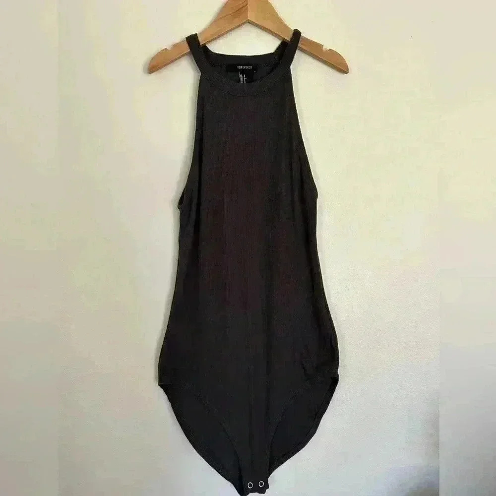 Forever 21 Bodysuit Women Small Dark Grey High Neck Sleeveless Snap Crotch Top